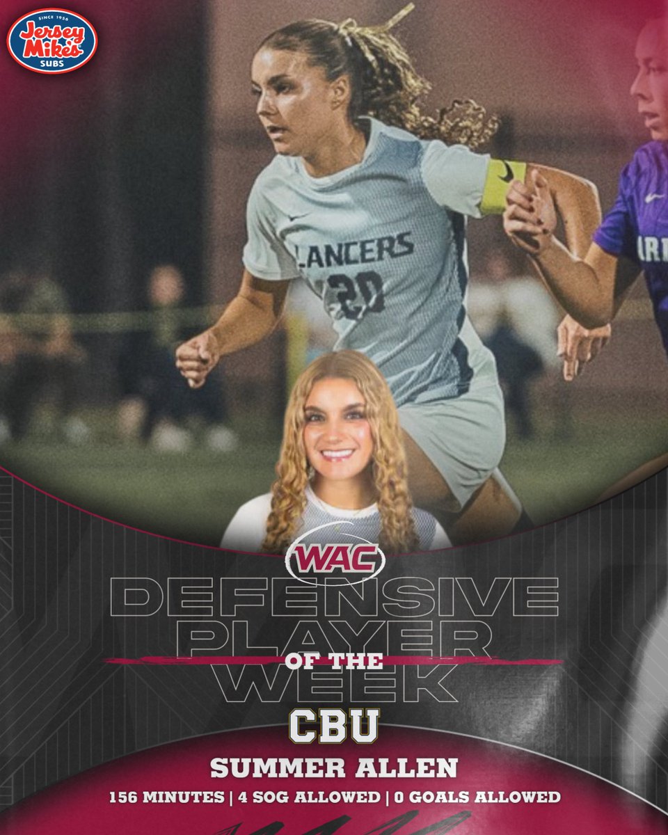 UAConference's tweet photo. #WACwsoc Defensive Player of the Week presented by @jerseymikes ⚽️

Summer Allen | @CBUwsoccer https://t.co/fMNjjAJEZo