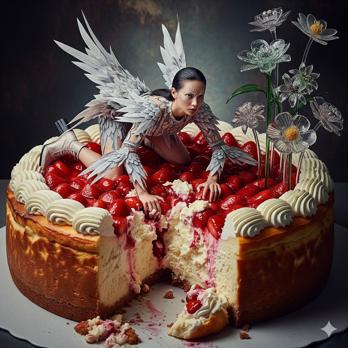 syntaxaegis's tweet image. She landed mid-feast, wings crusted in whipped cream, unsure if the strawberries were part of the ritual or the crime.
#hautecouture #digitalart #surreal #fashion #surrealism