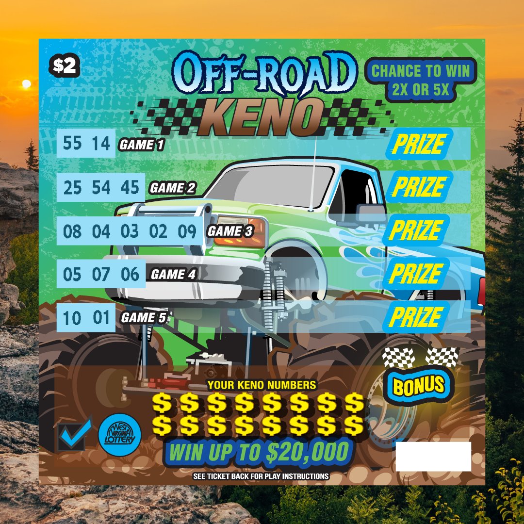 🎉Hit the trail with our new Off-Road KENO scratch-off where you could WIN UP TO $20,000!💰

👉 Correctly match all numbers in a single GAME, win prize shown for that GAME.

👉 BONUS: Reveal a 2X or 5X symbol and multiply your winning GAMES by that amount!
#PlayWVLottery #PlayOn