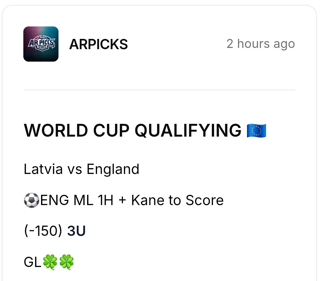 ARPicks_'s tweet photo. #WorldCupQualifying 🇪🇺
Latvia vs England
⚽️ENG ML 1H + Kane to Score
(-150)✅️✅️3U
💰💰💰💰EASY MONEY💰💰💰💰
https://t.co/N80xxHiSWW https://t.co/n6Dw0POdUG