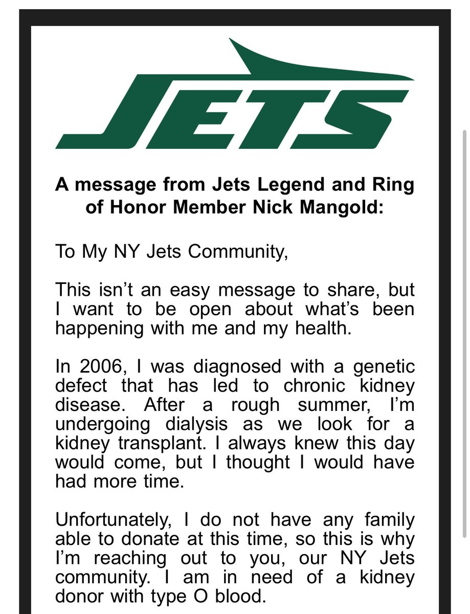 #Jets legend Nick Mangold via the team is in search of a kidney donor with Type O blood. A sobering bit of news for an outstanding guy. Here’s hoping he can find a match. 