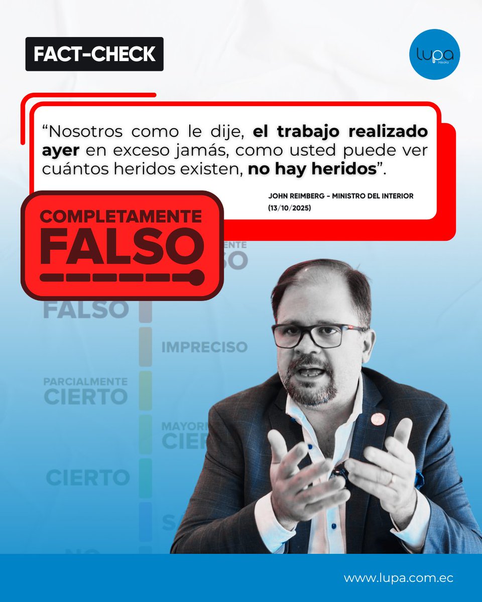 🔍 #FactCheckLupa | 🔴 Testimonios, reportes de prensa, organizaciones sociales y paramédicos documentan que durante las manifestaciones en Quito el 12 de octubre sí hubo personas heridas: fracturas, lesiones menores, hematomas y cuadros de asfixia, contrario a lo afirmado por el
