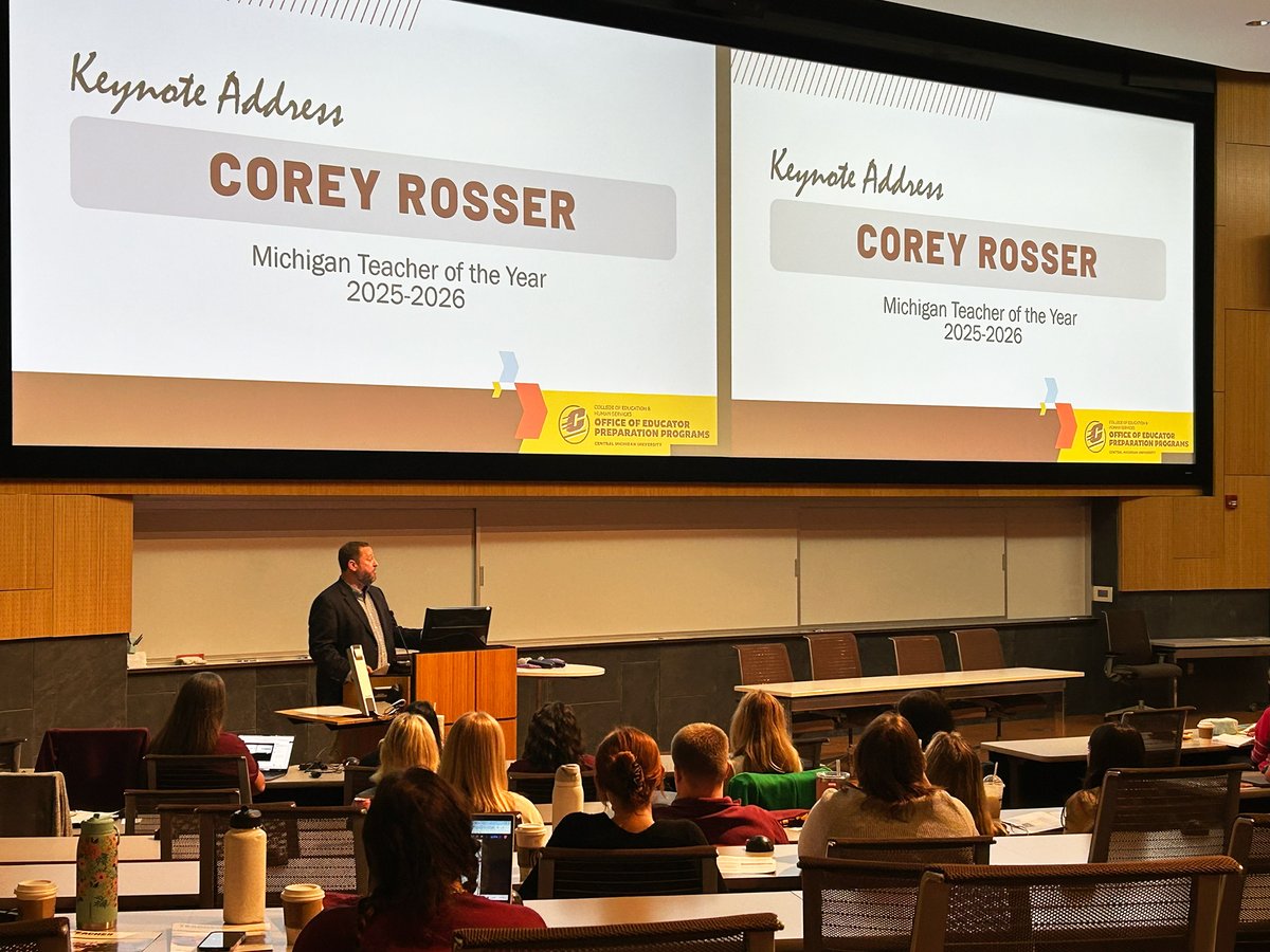 On Friday, October 10, Michigan Teacher of the Year Corey Rosser delivered the keynote address to attendees of the Central Michigan University Teacher Candidate Conference in Mt. Pleasant. #proudMIeducator #PME #miched