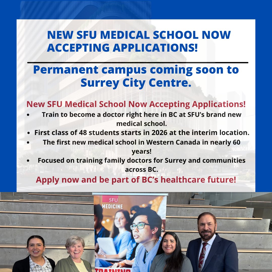 JagrupBrar1's tweet photo. @Dave_Eby @Josie_Osborne SFU’s new medical school is now accepting applications for its first class in 2026!
#simonfraseruniversity #SFUMedSchool #SURREY #BCHEALTH #NEWDOCTORS #MEDICALSCHOOL https://t.co/aRmHphAVxz