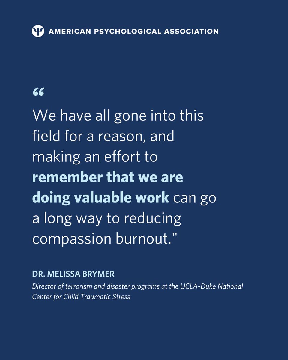 APA's tweet image. Physical, emotional, and mental exhaustion is common among #mentalhealth providers.
Taking time to focus on the pleasure and satisfaction of helping others can build resilience.
Learn more: at.apa.org/8d0d4b