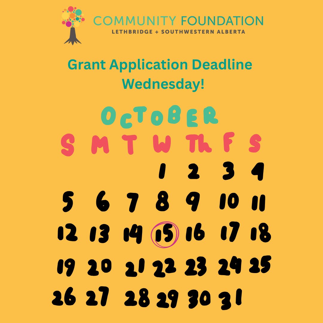 The deadline to apply for our fall granting programs is tomorrow! 

Applications must be submitted by 4:00 P.M. on Wednesday, October 15th. 

If you have questions about the application process, contact our Grants Coordinator at grants@cflsa.ca or call 403-328-5297.