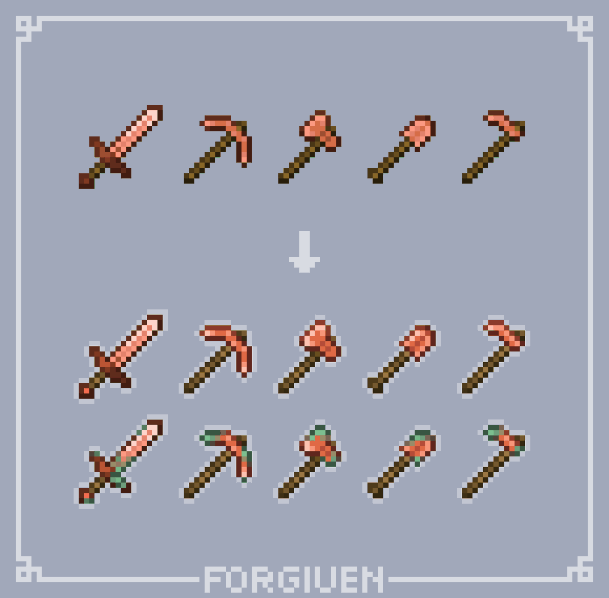 I retextured the Copper Tools to make them shinier and oxidize as their durability decreases (no mods needed)