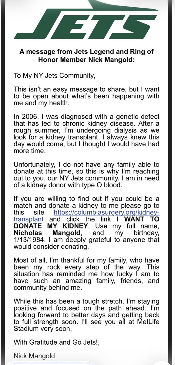 AdamSchefter's tweet image. Former Jets center Nick Mangold announced today that he is looking for a kidney donor with Type O blood.