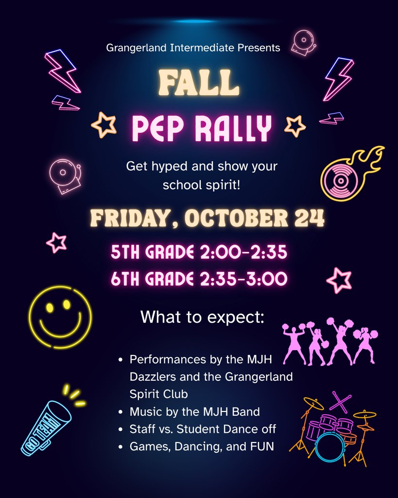 We are so excited to have our first pep rally at Grangerland! A special shout out to the MJH Dazzlers and MJH Band for performing! We look forward to an exciting event!