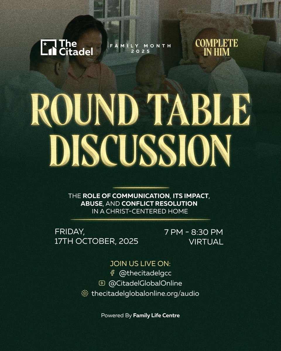 TheCitadelGCC's tweet photo. Words can heal, and words can hurt.
Join us this Friday as we have real conversations on communication, its impact, abuse, and conflict resolution in Christ-centered homes.
Save the date and set your reminders!
Shalomโค๏ธ
#TheCitadelGCC
#CompleteInHim
#CGCCFamilyMonth2025 https://t.co/hVcgacOKIG