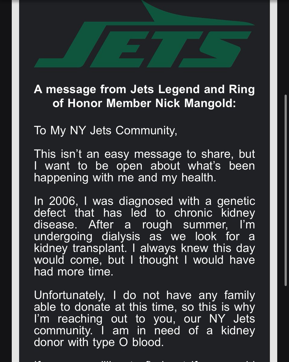 Jets legend Nick Mangold announced via the team that he’s in need of a kidney donor with Type O blood

Info at the link in the screenshot: 