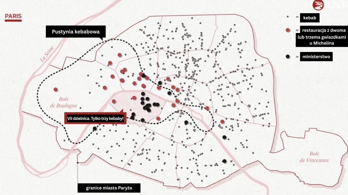 We Francji konsumuje się 390 mln kebabów rocznie. 12 na sekundę. Kebabowni jest ok. 12 tys., z czego 631 w Paryżu.
Dziennik Les Echos zrobił kartografię wykazując rozmaite zależności ze wskazaniem na status materialny mieszkańców.
Praktyczna wskazówka dla turystów gdzie nie bywać