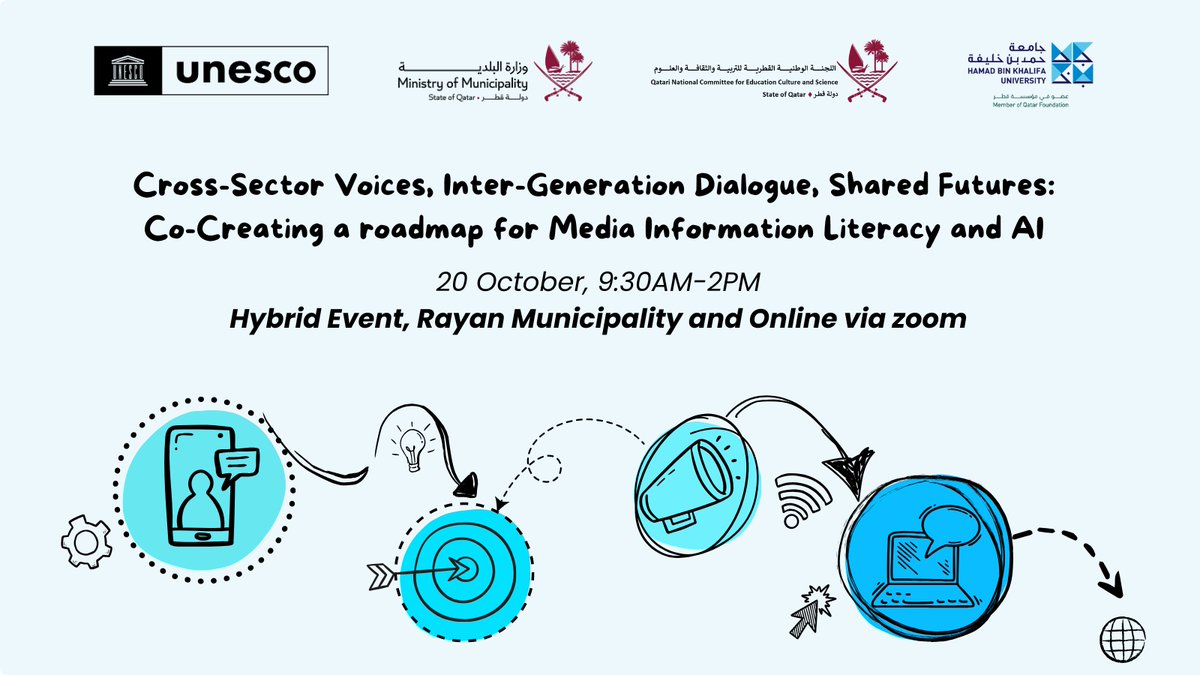 UNESCO_GCCYemen's tweet photo. Let’s discuss the future of Media and Information Literacy &amp; AI! Join the regional talk on Co-Creating a Roadmap for #MIL.

📅 20 October 2025 | 🕘 9:30AM–2PM (Doha)

2 ways to join:
🏛️ In person: Al Rayyan Municipality Auditorium
💻 Online: via Zoom https://t.co/UAfyQuFlBI https://t.co/IidKYnyerW