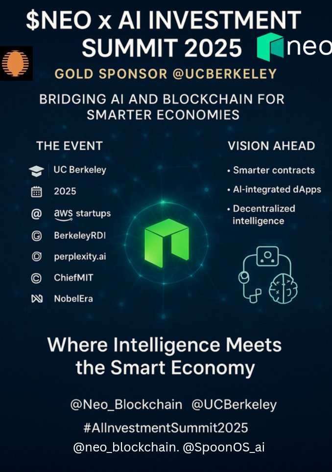 cleanlines234's tweet photo. 🚀 Proud to power the next frontier of innovation!
$NEO joins the AI Investment Summit 2025 at @UCBerkeley as a Gold Sponsor, alongside @AWSstartups, @BerkeleyRDI &amp; @perplexity_ai.

@Neo_Blockchain 
https://t.co/crYQlbwQiW
$NEO $GAS
#web3 #crypto #neo
#NEO #AIInvestmentSummit https://t.co/8990wPVdjr