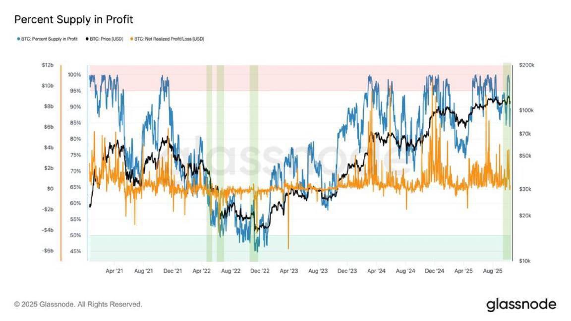 📊 انهيار السوق في 10-10-2025 والهبوط الأخير في سعر #Bitcoin حدث بينما لا يزال أكثر من 90٪ من المعروض في حالة ربح ⬅️ يعني أن الخسائر جاءت من المشترين عند القمم.

📉على عكس انهيارات FTX وLuna، كان أقل من 65٪ من المعروض في حالة ربح. 

⬅️ذلك يعني هذا الهبوط لم يكن حالة استسلام
