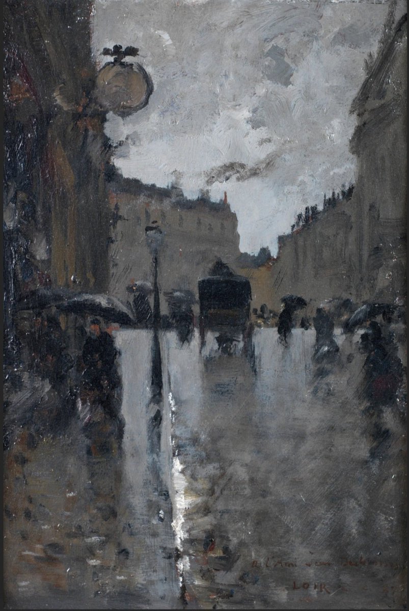 ahistoryinart's tweet photo. Luigi Loir's artistic training began at the age of eight in Italy. Ten years later, he moved to Paris, painting cinematic-like views of the city in all seasons and at different times of the day and night. 'La Rue Bérenger près du Chateau d'Eau à Paris,' was made in 1887. https://t.co/BMbtY34vv2