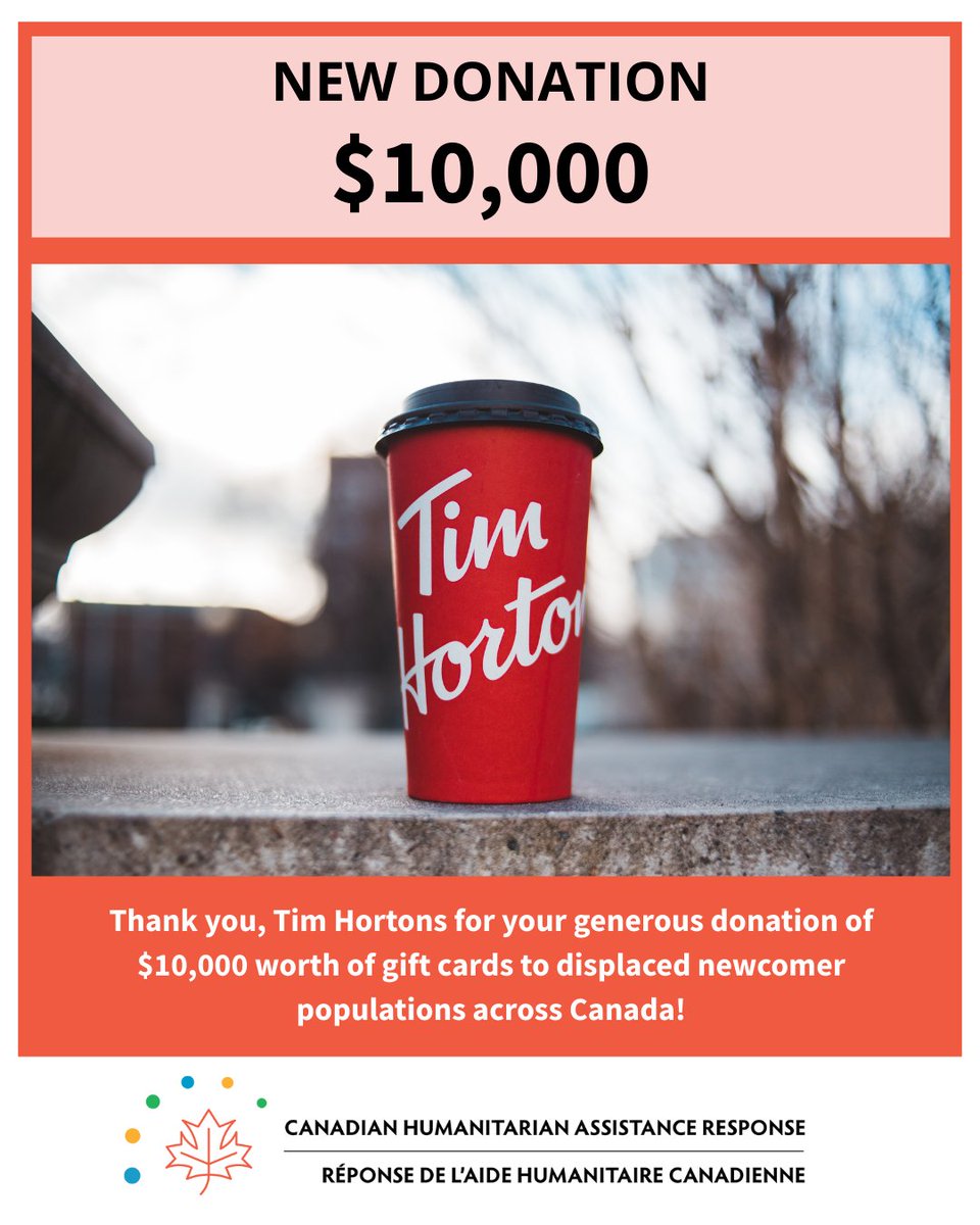 OUSH_OHPU's tweet photo. CHAR is thrilled to announce Tim Hortons has generously donated $10,000 worth of gift cards! This donation will directly support newcomer populations in need Canada-wide.

Learn more about how we ensure your donations will make a difference at: https://t.co/rvLqocYt9J. https://t.co/QBcIHPziJd