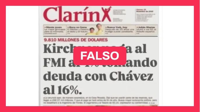 [NUEVO] Es falsa esta tapa de Clarín: la verdadera habla de la cancelación de la deuda con el FMI, que no se relacionó con un préstamo con Venezuela ❌ 

👉 La tapa original señala: “Kirchner le paga ya toda la deuda al FMI”. chequeado.com/ultimas-notici…

🖊️ <a href="/Jose__Gimenez/">José Giménez</a>