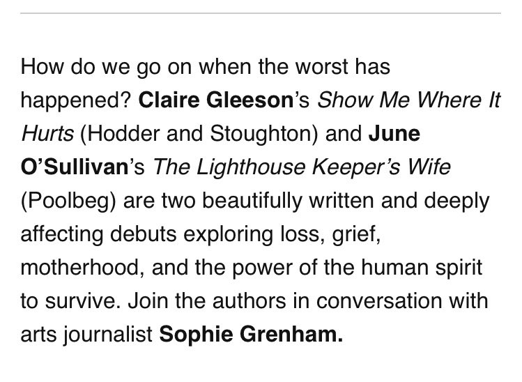 Delighted to be part of this year’s Dublin Book Festival alongside Claire Gleeson, author of Show Me Where It Hurts. 
Booking: dublinbookfestival.com/event/explorin…
<a href="/PoolbegBooks/">Poolbeg</a> <a href="/KNLitAgency/">Kate Nash Literary Agency</a> <a href="/litagentfran/">Francesca Riccardi</a> <a href="/DublinBookFest/">Dublin Book Festival</a>