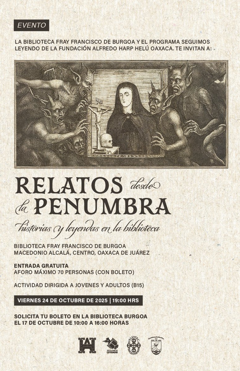 BiblioBurgoa's tweet image. 🕯️ Relatos desde la penumbra | 24 de octubre, 19:00 h
En la Biblioteca Burgoa, los lectores darán vida a las historias y leyendas que resurgen en la oscuridad.

🎟️ Boletos el 17 de octubre (10:00–16:00 h), hasta agotar existencias.

#Relatos #BibliotecaBurgoa #Oaxaca