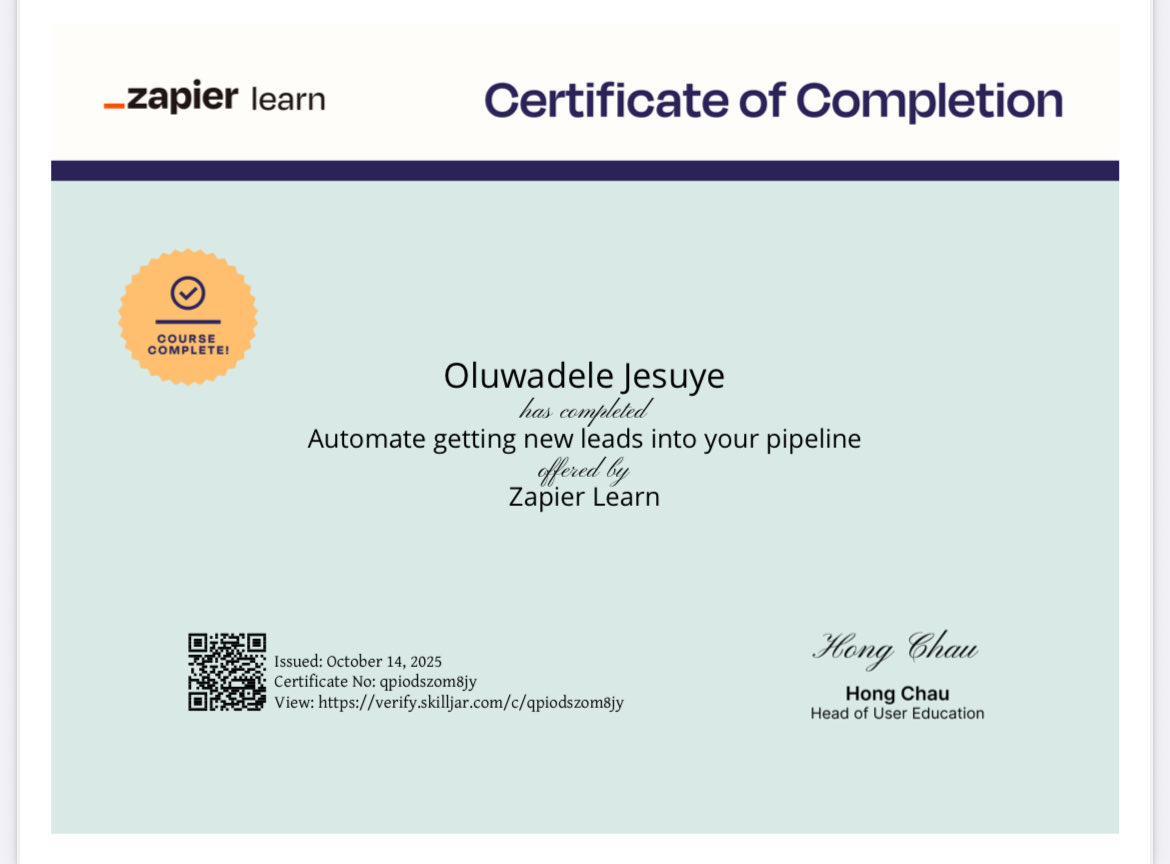jaywhy100's tweet image. 10/27!!
I learnt how to:
build a client relationship management (CRM) database using Zapier Tables
create a lead capture form that sends data to your Table using Zapier Interfaces
automatically following up with the new leads using Zaps
we move again tomorrow!