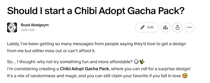 Should I start a Chibi Adopt Gacha Pack?🤔
You can find the poll and approximate prices here on my🅿️аtrеоn 
(the poll is available to free members)