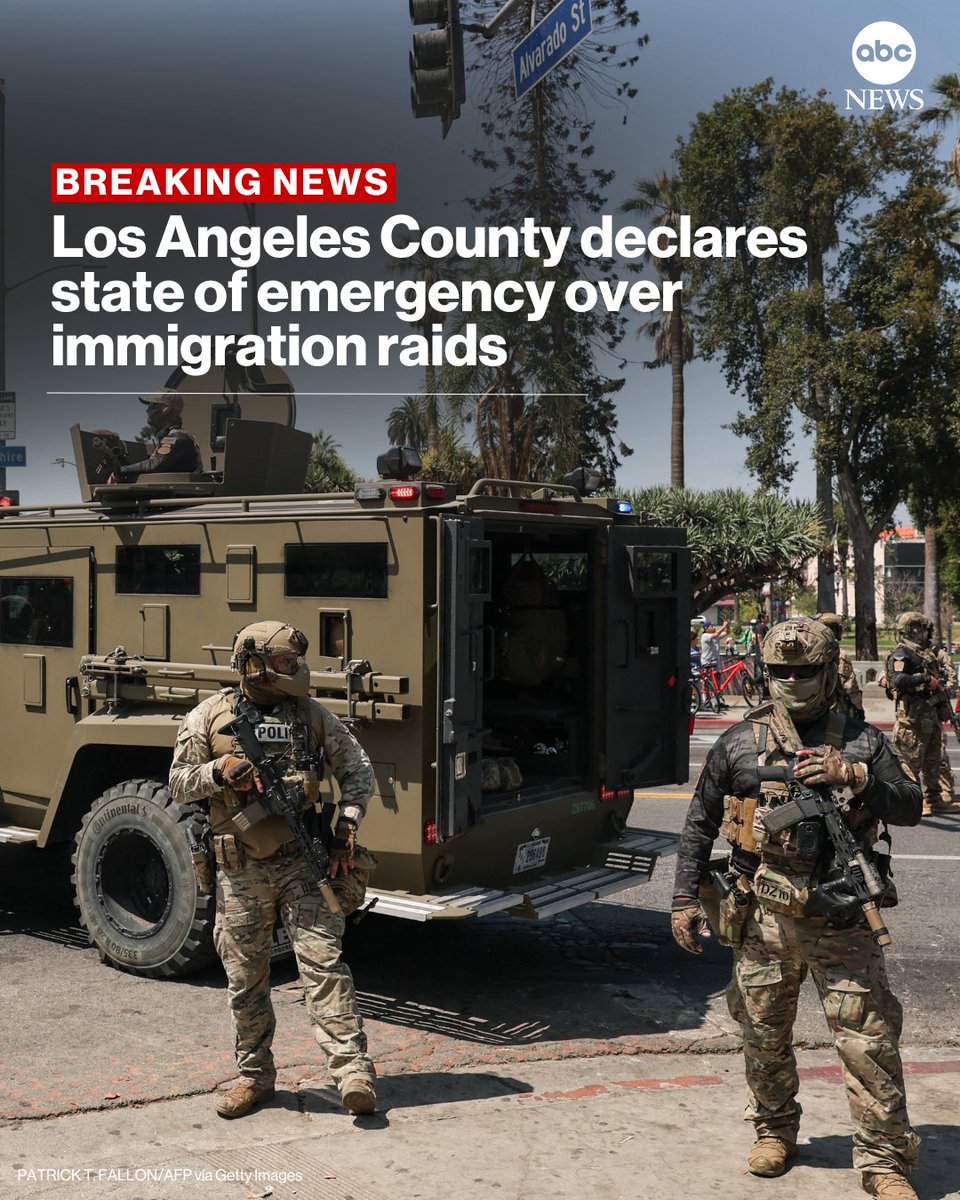 ABC News (@abc) on Twitter photo BREAKING: Los Angeles County officials voted on Tuesday to declare a state of emergency over ongoing federal immigration raids.
 
Read more: abcnews.link/Aa4Jh7Z BREAKING: Los Angeles County officials voted on Tuesday to declare a state of emergency over ongoing federal immigration raids.
 
Read more: abcnews.link/Aa4Jh7Z