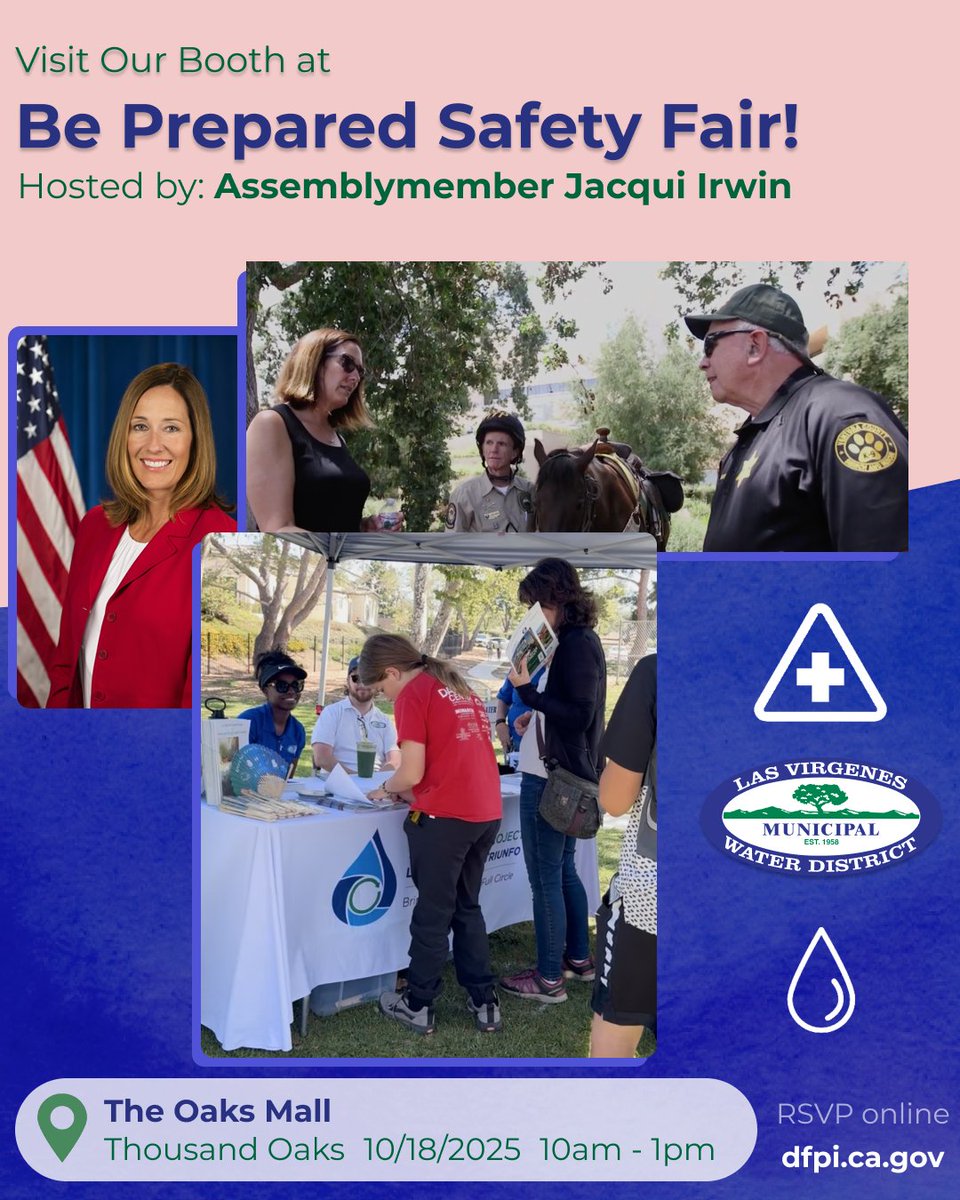 💧 Come say hi to LVMWD at the Be Prepared Safety Fair—hosted by Assemblymember Jacqui Irwin!

📍 The Oaks Mall
 📅 Sat, Oct 18, 2025 • 10–1 PM
 ✅ RSVP: dfpi.ca.gov/?utm_medium=so…