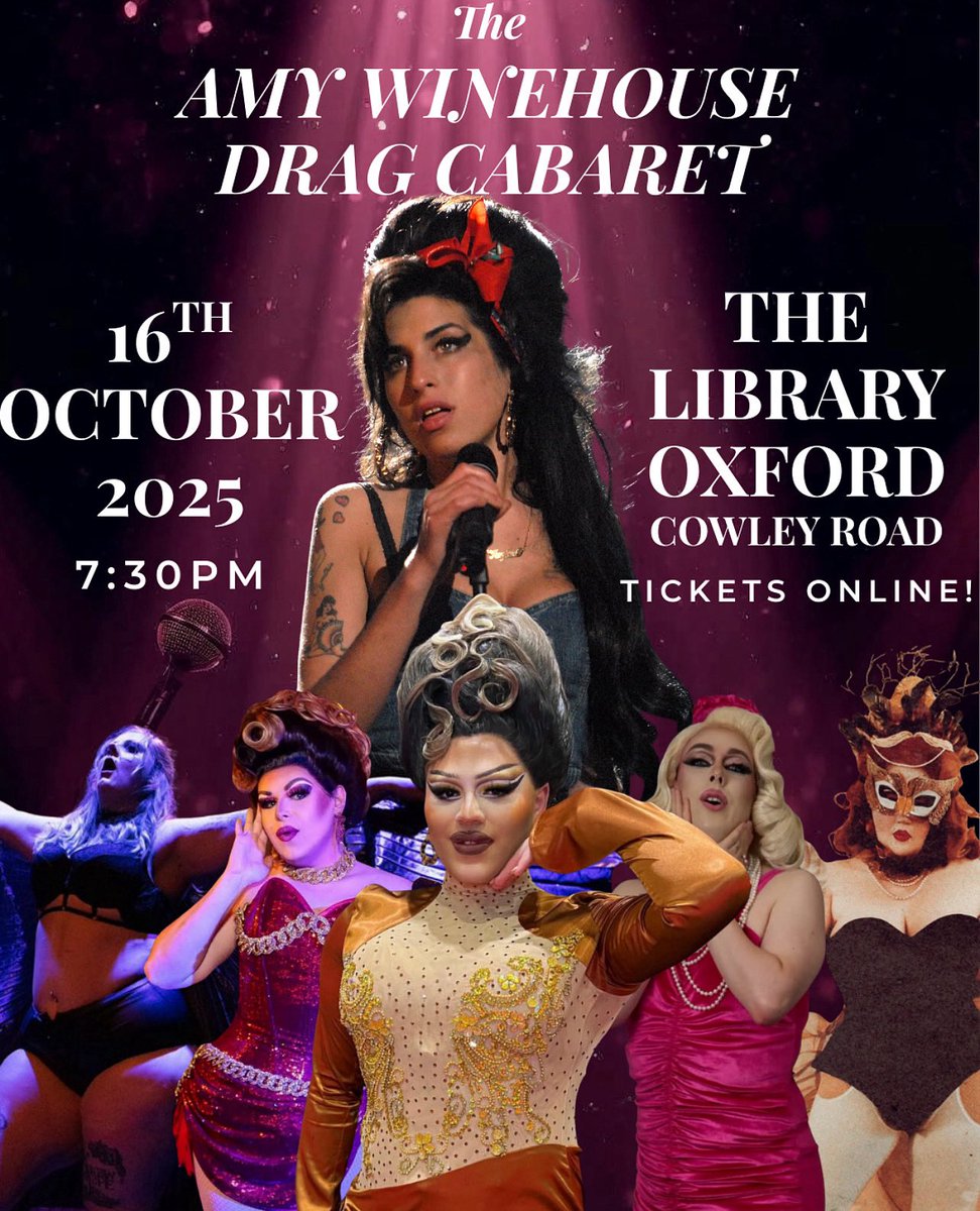 LAST CALL⏳ The Amy Winehouse Drag Cabaret – A Tribute in Drag
📍 The Library Bar, Cowley Road, Oxford
📅 Thursday 16th October | ⏰ Doors 7:30pm · Show 8:00pm

🎟️ Tickets &amp; Info → outsavvy.com/event/29228/th…