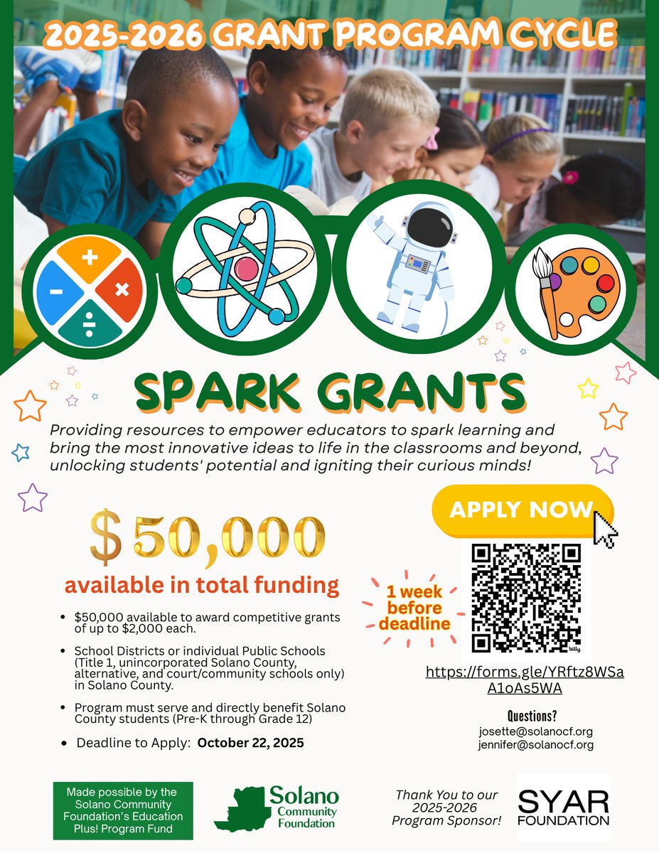 ⏳ Time's Ticking! Spark Grants Deadline is 1 week away!
Don't let your brilliant classroom innovation stay just an idea!
⏰ Application Deadline: 10/22/25
Apply Here: forms.gle/e2ZfyfN8k1ZVNt…
#SparkGrants #ClassroomInnovation #EducationFunding #DeadlineAlert #TeacherGrants