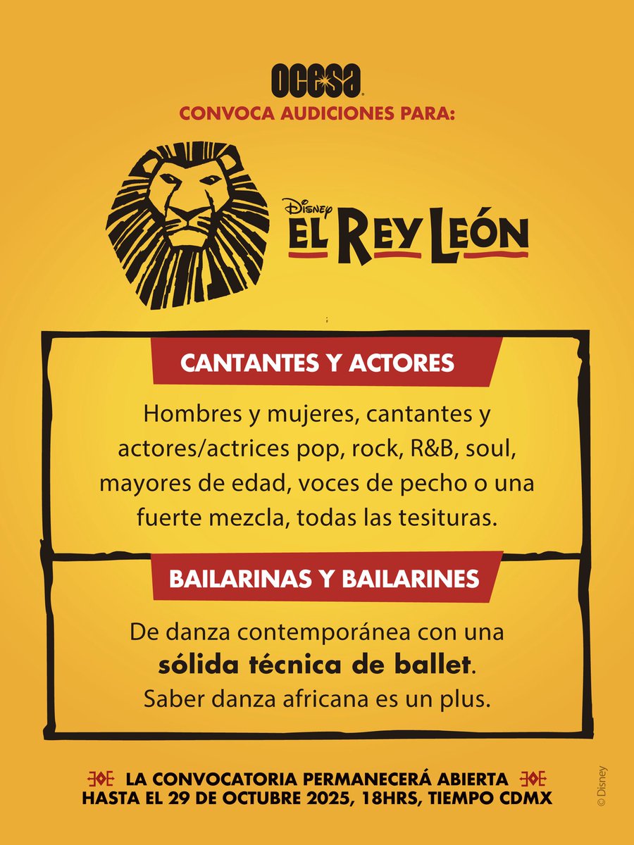🦁✨ Es el momento de formar parte del Ciclo Vital ✨🦁

¡La convocatoria para cantantes, actores, actrices, bailarinas y bailarines en El Rey León México está abierta! 🦁

Consulta los requisitos y registra tu talento aquí 👇🏻

🔗 drive.google.com/file/d/1mtsdG-…