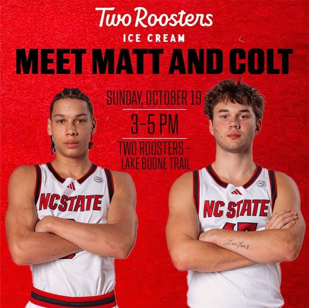 Wolfpack Nation… come meet Matt Able &amp; Colt Langdon THIS Sunday (3-5pm) at our Lake Boone Trail shop!

Enjoy some ice cream, get a photo with Ms Wuf, and leave with autographs from Matt &amp; Colt 🏀🐺🍦