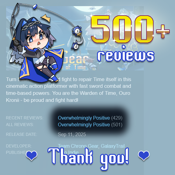 We've reached 500 Steam reviews!!

Thank you all so much for supporting us! We've been having a blast watching your streams and reading your comments 🥹🫶

#ChronoGear #holoIndie
