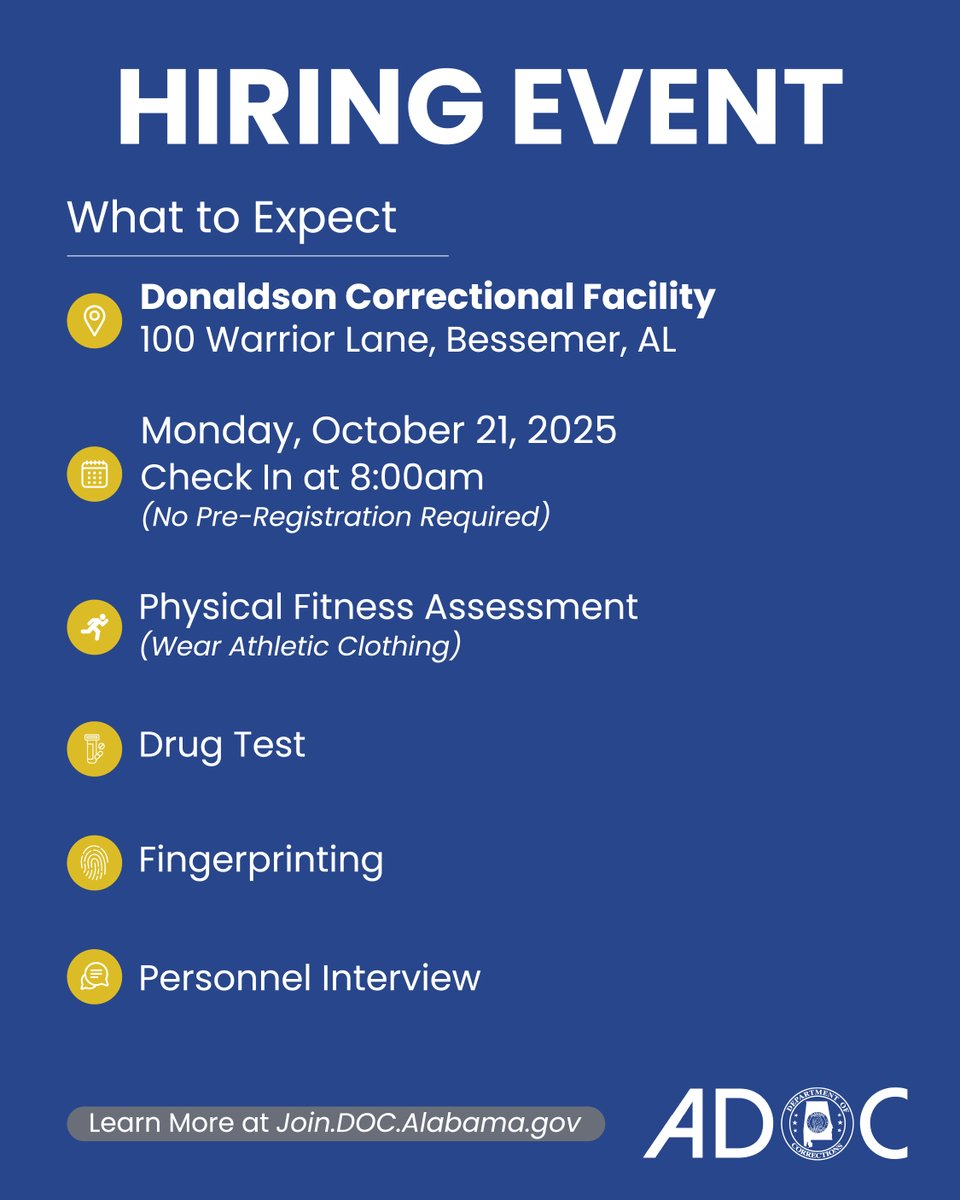 🚨 We’re Hiring in Bessemer! 🚨
💰 Starting Pay: $58K / $28 per hour

📍 Donaldson Correctional Facility – 100 Warrior Lane, Bessemer, AL
📅 Monday, October 21, 2025 | Check-in at 8:00 AM

#ADOCJobs #ServeWithHonor #WorkWithPurpose #AlabamaJobs