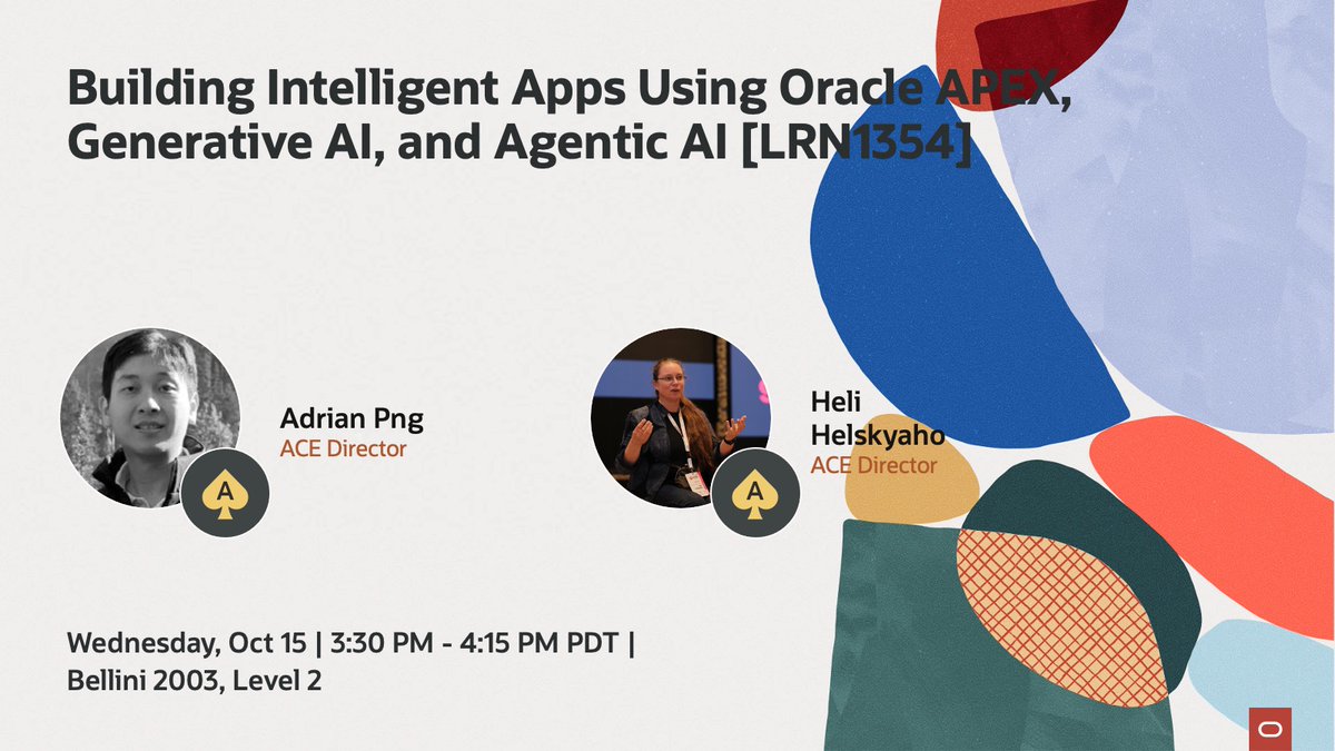 oracleace's tweet image. Ready to build the next generation of intelligent apps?
Don’t miss Building Intelligent Apps Using Oracle APEX, Generative AI, and Agentic AI [LRN1354] at Oracle AI World! 

Join Oracle ACE Directors @fuzziebrain  and @HeliFromFinland to explore:
🔹 How to integrate Generative &amp;amp;…