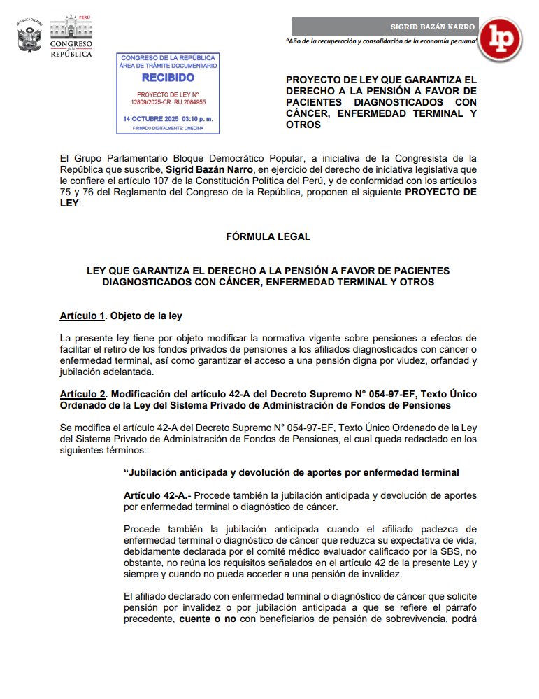 LPpasionderecho's tweet image. 🚨 Congresista #SigridBazán propone permitir a pacientes con cáncer o enfermedad terminal retirar el 95.5% de su fondo de pensiones

✅ Para más detalles clic aquí 👉 lpd.pe/NBgX8