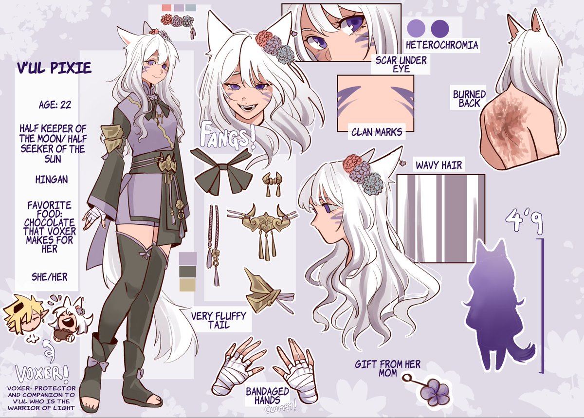 I have now made an official reference sheet for my FFXIV character and WoL V’ul Pixie! 

I love getting to show off all of her little details here.

She has become so important to me I love my lil scrungly so much 🥹💜

Created by: @/hnjun.bsky.social
