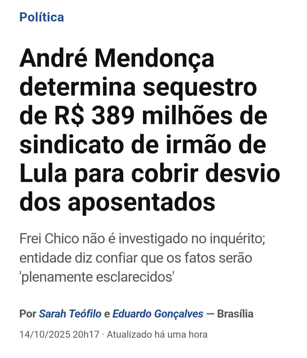 taoquei1's tweet image. Mendoça ordenou o bloqueio de 390 milhoes do sindicado do irmao do lula.