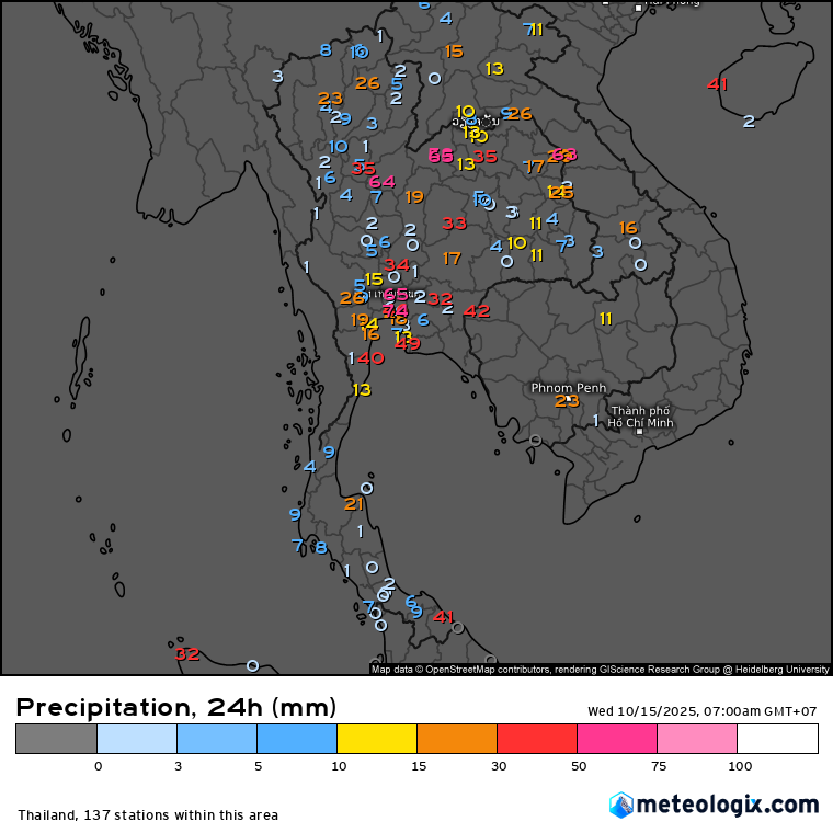 HelmutDuerrast's tweet image. 15 Oct 25     
Yesterday's RAIN fall over 24 hrs in mm #Thailand via meteologix.com/th.      

&amp;gt;Stronger #SWMonsoon
&amp;gt;RAIN over many areas   
&amp;gt;Max 74.2 mm #Bangkok