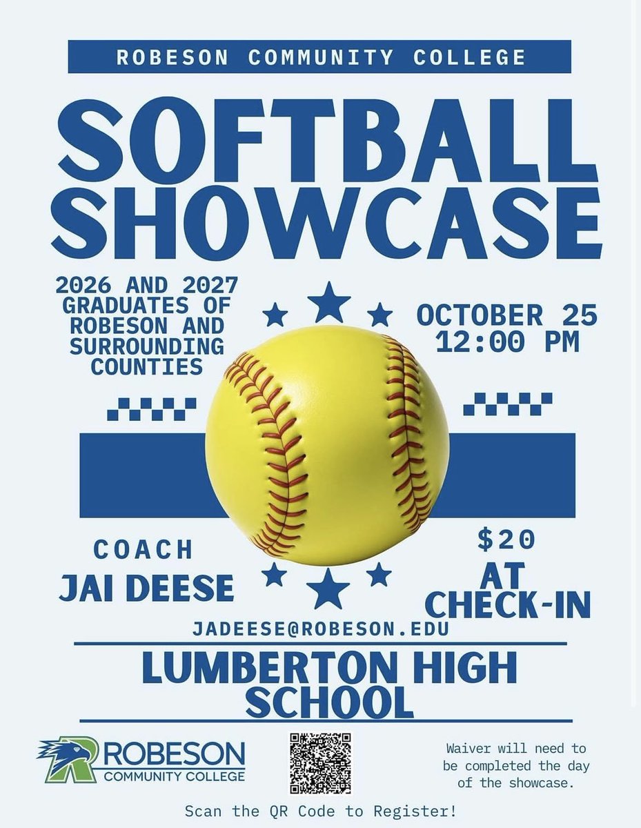 We are 11 days out from our first ever Robeson Community College Softball Showcase. Do not miss your chance to learn about what we are growing here in Robeson County. 

Time to start making history! Hope we see you there!💎🦅

host.nxt.blackbaud.com/registration-f…

#uncomitted2026 #jucoroute