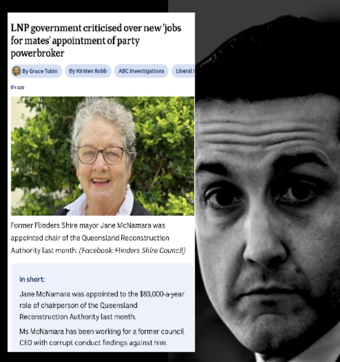 LyndaFrench19's tweet photo. #QldLNP #Jobs4Mates #QldLNPDirt
Former #Flinders Shire mayor #JaneMcNamara was appointed chair of the Queensland Reconstruction Authority last month. #qldpol $83,000 

At least 34 taxpayer-funded executive jobs and board positions Jobs 4 Mates so far

https://t.co/MTqkl2ZBlI https://t.co/oTogd50QnX