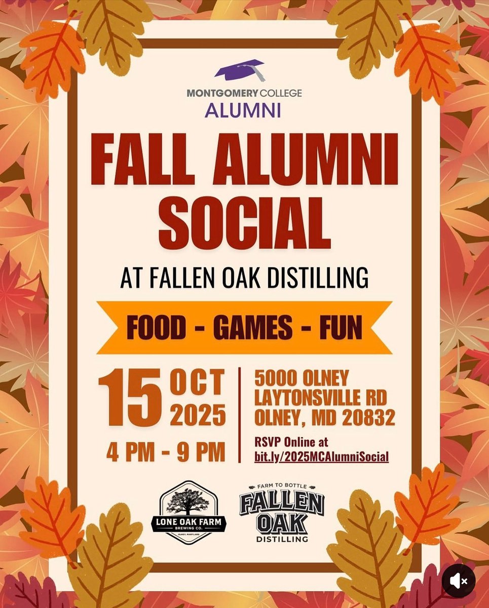 🍂🎉 It’s time to celebrate, Raptors!

Join us for the Montgomery College Fall Alumni Social on Wednesday, October 15, from 4–9 PM at Fallen Oak Distilling in Olney, MD!

Reconnect with fellow alumni, make new friends! 🍁⁦<a href="/montgomerycoll/">Montgomery College</a>⁩