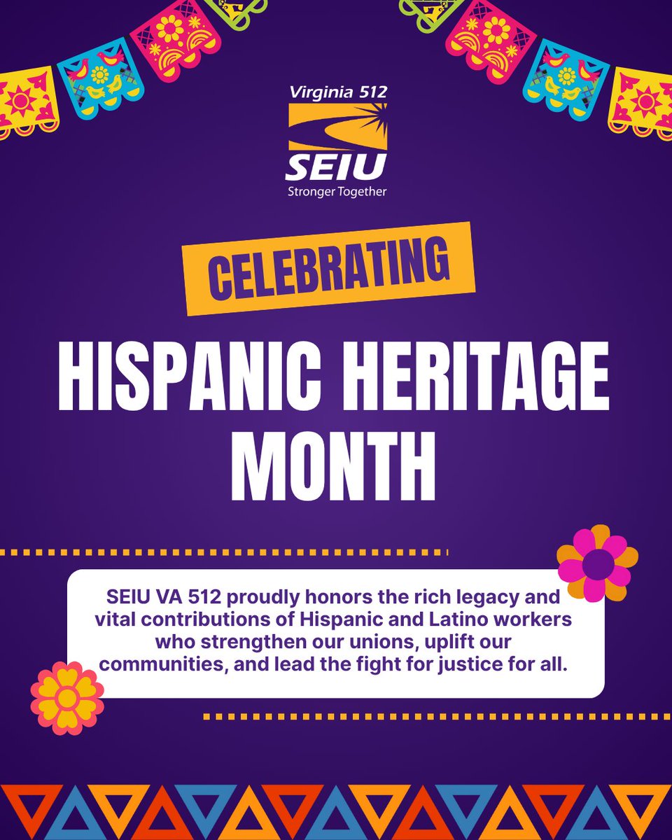 SEIU Virginia 512 (@seiuva512) on Twitter photo Happy #HispanicHeritageMonth from <a href="/SEIUVA512/">SEIU Virginia 512</a>! 🎉
As the month closes, we honor the rich legacy & vital contributions of Hispanic/Latino workers who strengthen our unions & lead the fight for justice. Their resilience fuels our collective power for a better future for all. Happy #HispanicHeritageMonth from <a href="/SEIUVA512/">SEIU Virginia 512</a>! 🎉
As the month closes, we honor the rich legacy & vital contributions of Hispanic/Latino workers who strengthen our unions & lead the fight for justice. Their resilience fuels our collective power for a better future for all.