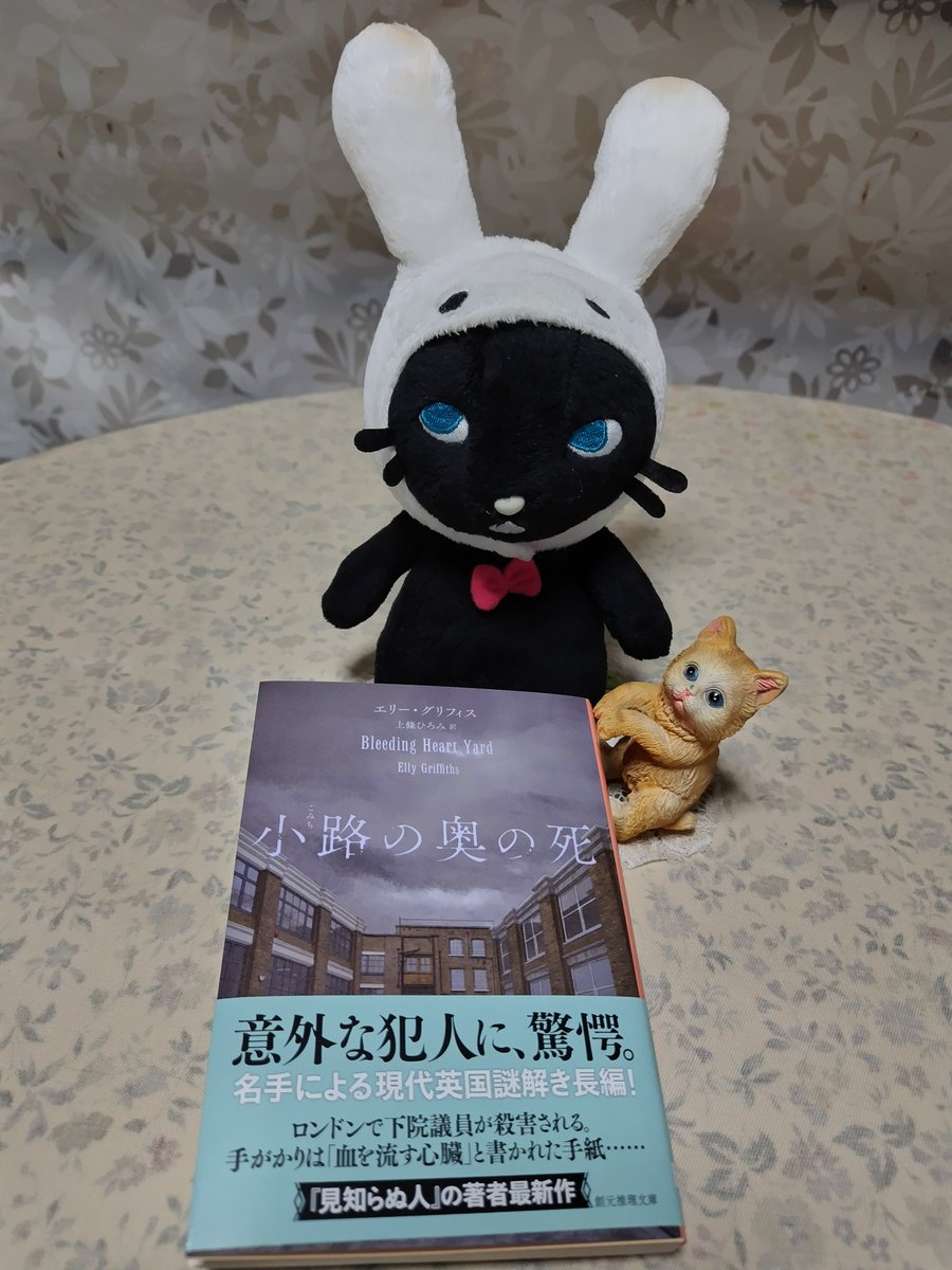 急に涼しくなり、いよいよ読書の秋。10/22発売『小路の奥の死』（エリー・グリフィス著、上條ひろみ訳）を、くらりと我が愛猫がこれから読むところ。『見知らぬ人』『窓辺の愛書家』の著者が贈る現代英国謎解き長編。担当編集者さんのつぶやき によると、「まじで犯人が意外……！」ですって。わぉ〜。