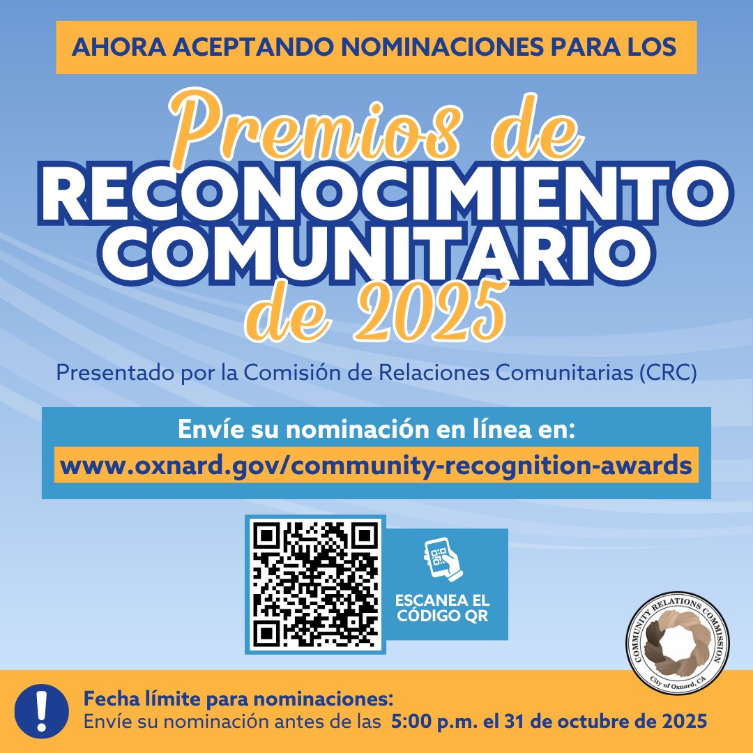 CityofOxnard's tweet photo. Now Accepting Nominations for the 2025 Community Recognition Awards

For more information and to submit your nomination, please visit: https://t.co/7LR2k8solG https://t.co/6L6nfWhkH9