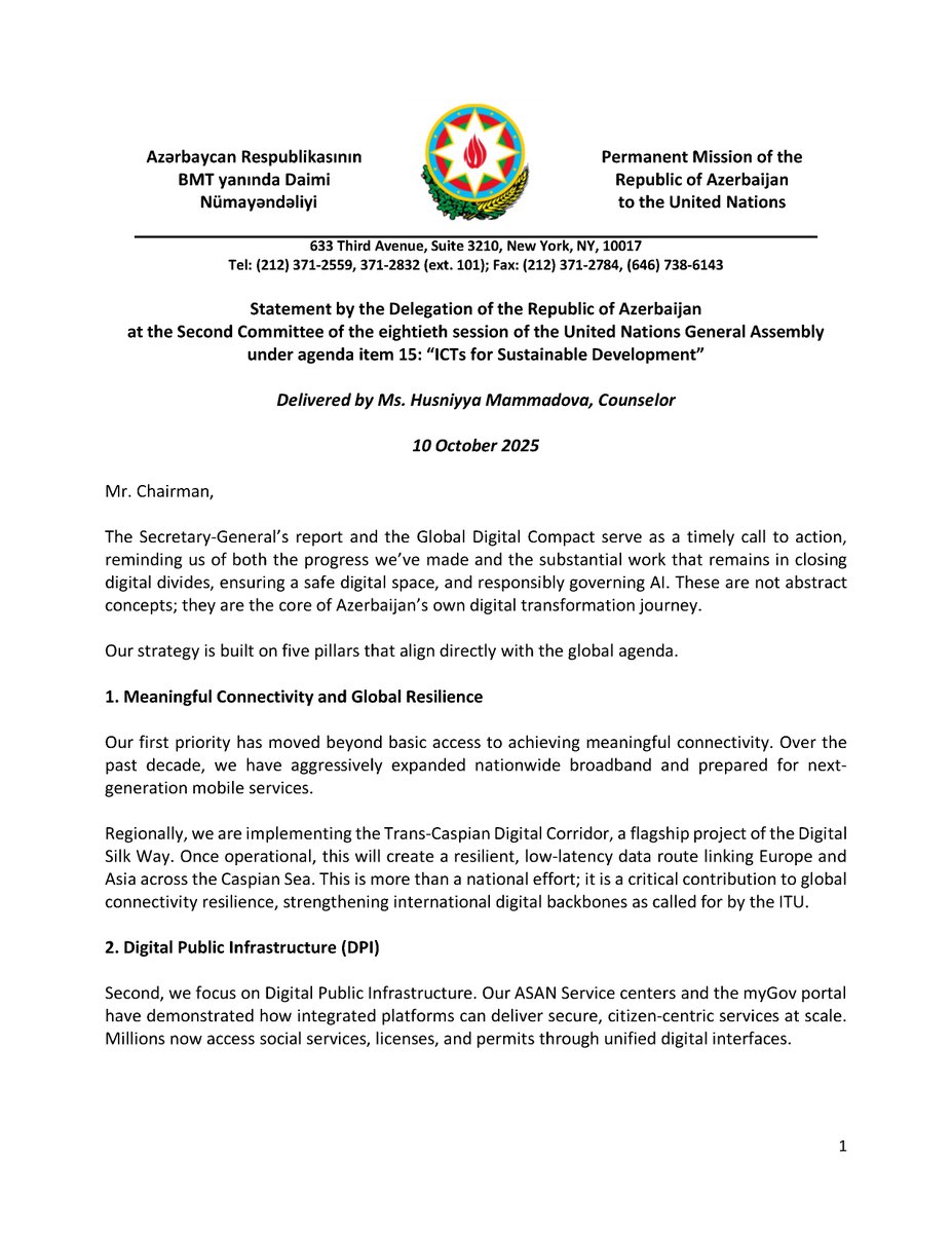 AzmissionUN's tweet photo. Azerbaijan is advancing a human-centric, secure, and sustainable digital transformation — from meaningful connectivity and trusted digital public services to responsible AI and green ICT.
We look forward to hosting #WTDC25 in Baku to shape our shared digital future. https://t.co/aBISNoRmoJ