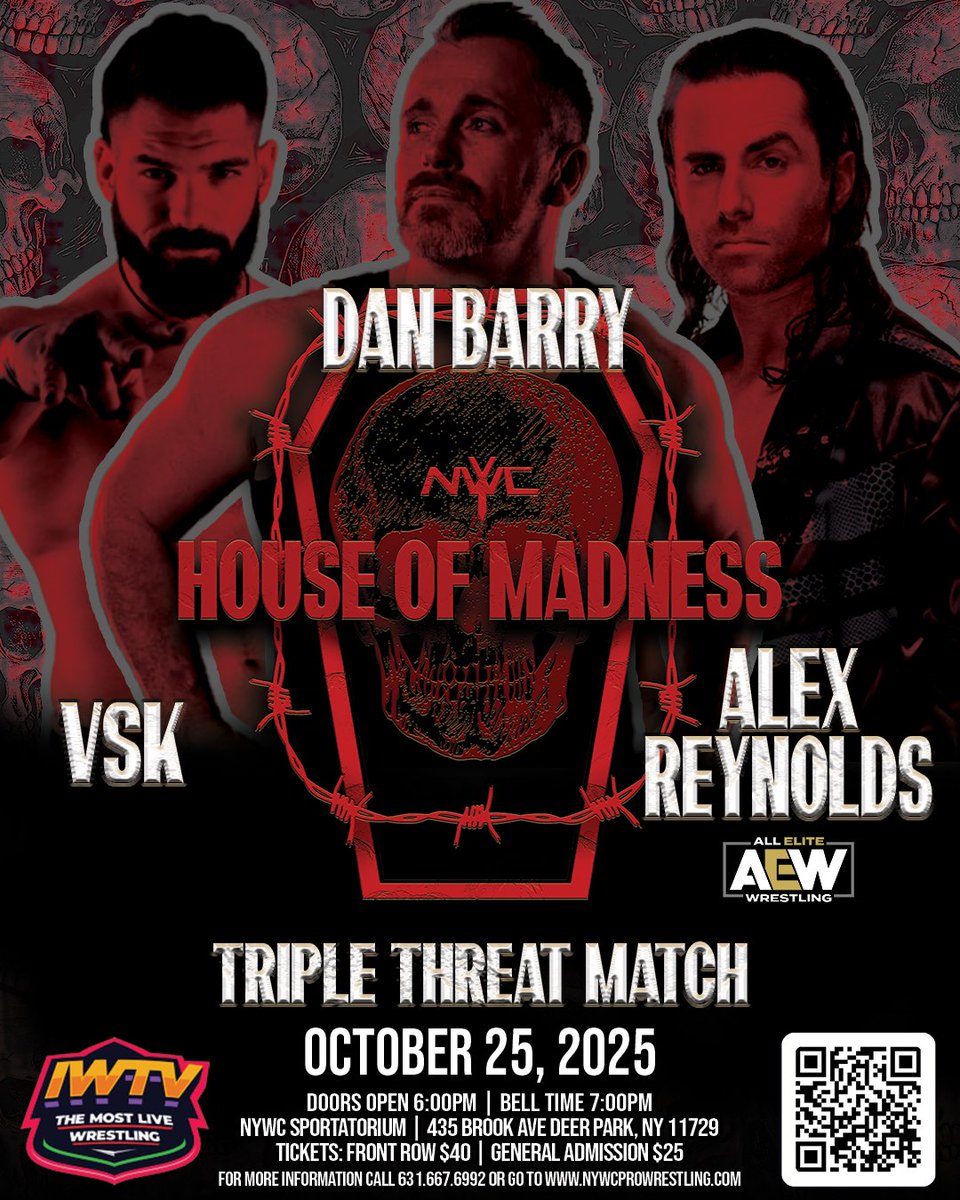 NYWCWRESTLING's tweet photo. At House of Madness @thedanbarry will compete in his final match for NYWC. @isThatVsK and @AEW star @YTAlexReynolds return for this celebratory exhibition!

Tickets available at https://t.co/15SuP0KW3M 

Live on @indiewrestling https://t.co/6uiCOxWeHD