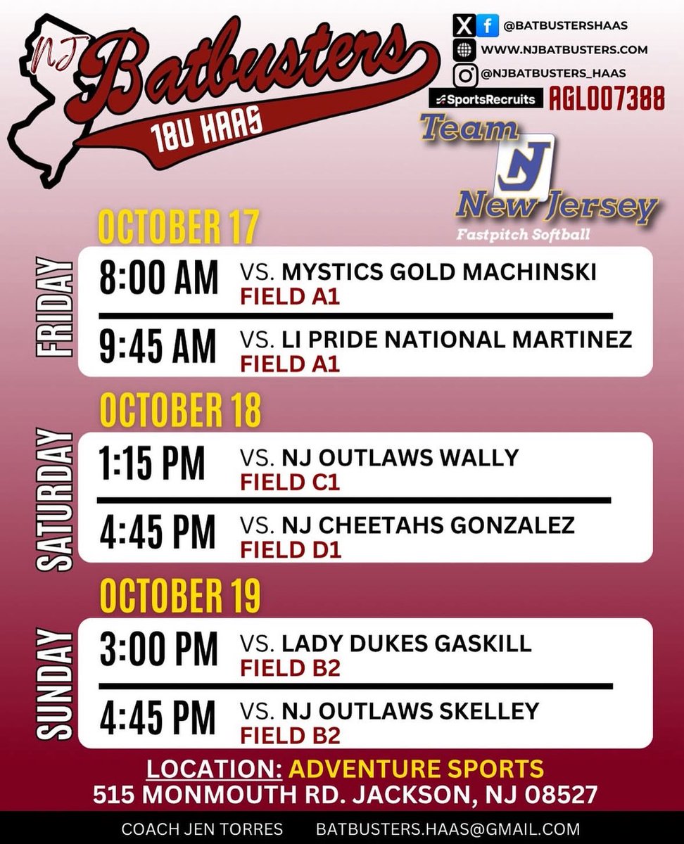 Schedule for Team NJ this weekend. Come watch us play! 😊🥎