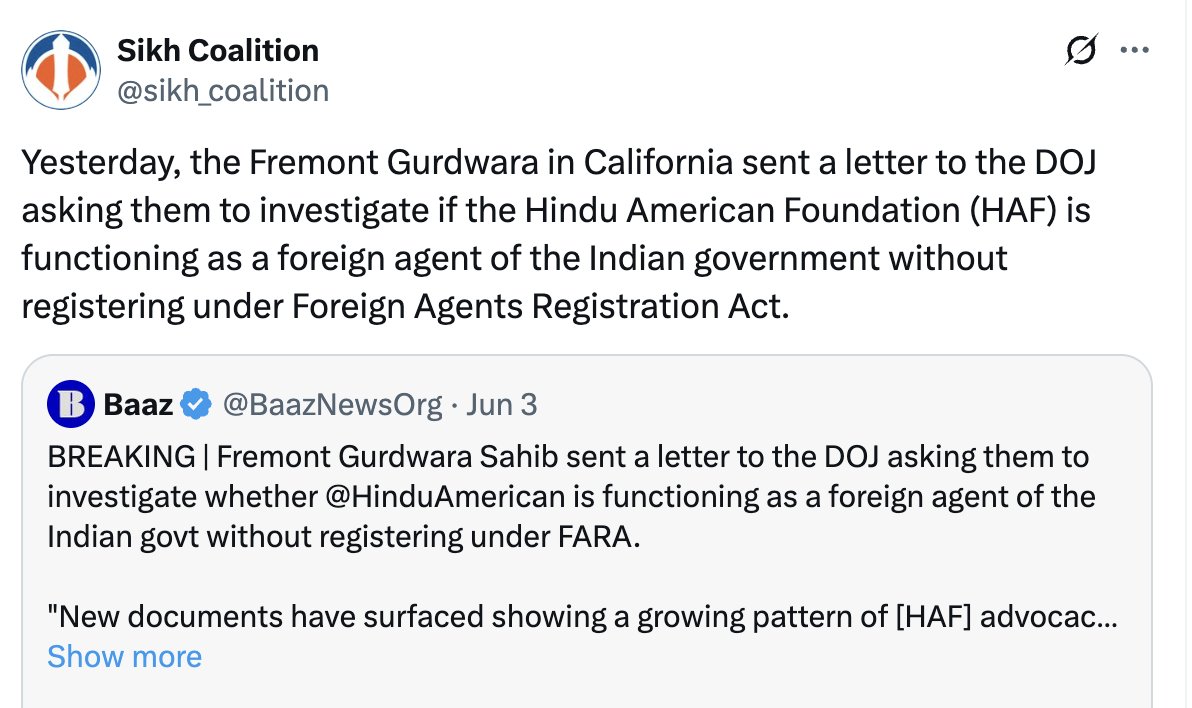 HinduAmerican's tweet image. We are aware that the @sikh_coalition&apos;s ED is lashing out at HAF--curiously, in a Canadian mouthpiece for the terrorism linked secessionist Khalistan movement-- in the wake of @CAgovernor&apos;s veto of the flawed SB 509. 

If @sikh_coalition would introspect, they would realize that…