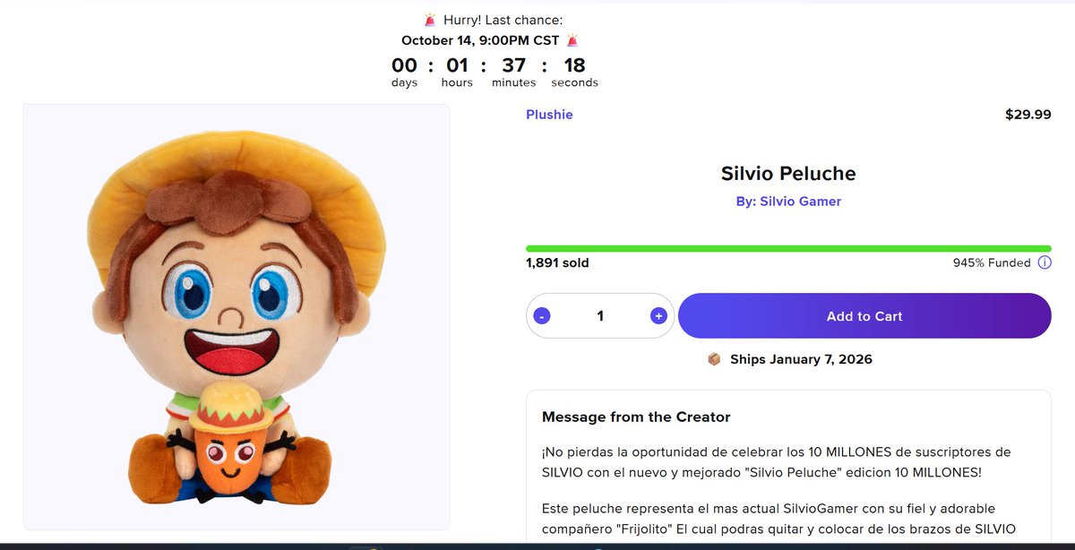 Por si no lo han comprado le queda 1 hora disponible 💛👀 makeship.com/products/silvi…